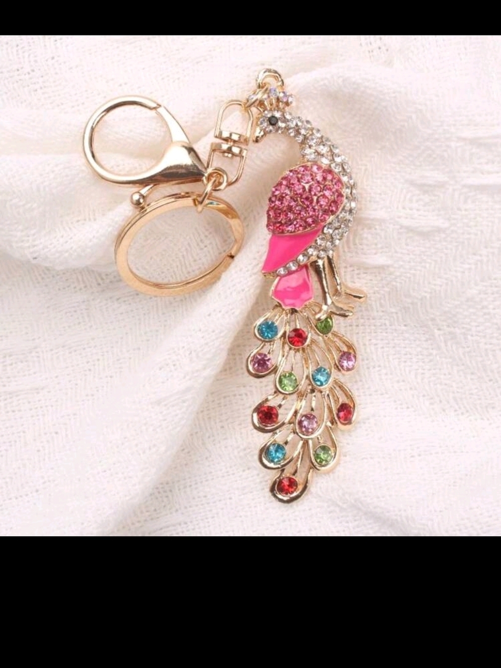Pink Crystal Peacock Keychain with Multicolor Rhinestone Tail - Picture 3 of 5